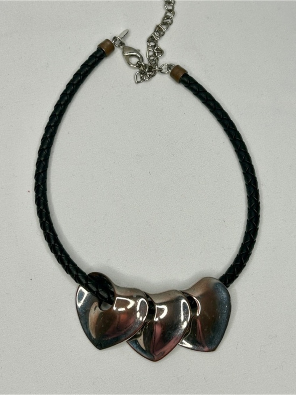 Chico's Silver Tone Heart Pendant Black Braided Cord Necklace